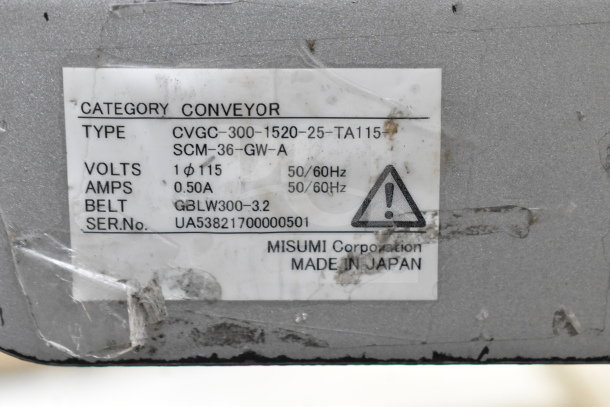 MiSumiFloor Style Conveyor label showing model CVGC-300-1520-25-TA115, 115 volts, 0.50 amps, made in Japan.