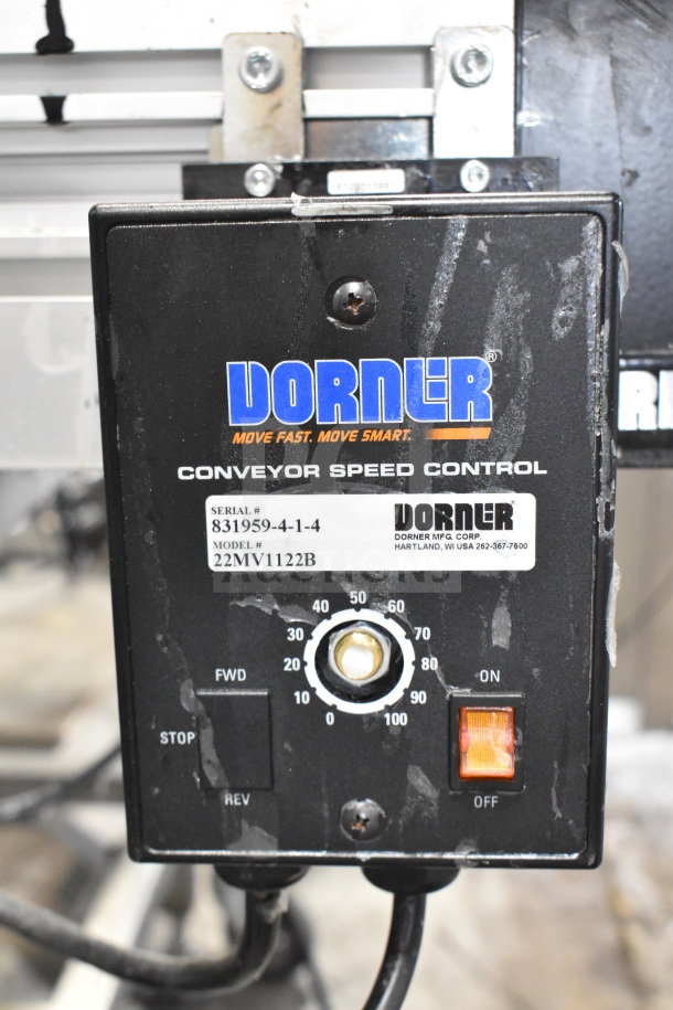 2020 Dorner 22MV1122B conveyor speed control panel, shows model and serial number, with on/off switch and speed dial.