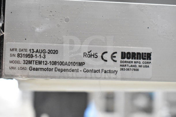 2020 Dorner 22MV1122B floor conveyor tag, showing mfg date: 13-AUG-2020, model 32MTEM12-108100A0101MP, and ROHS/CE marks.