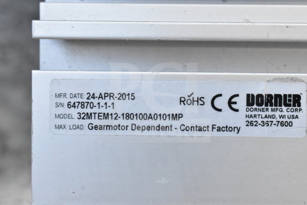 Dorner 32MTEM12 3200 Series Conveyor label showing model, serial number, and manufacturing date, 24-Apr-2015.