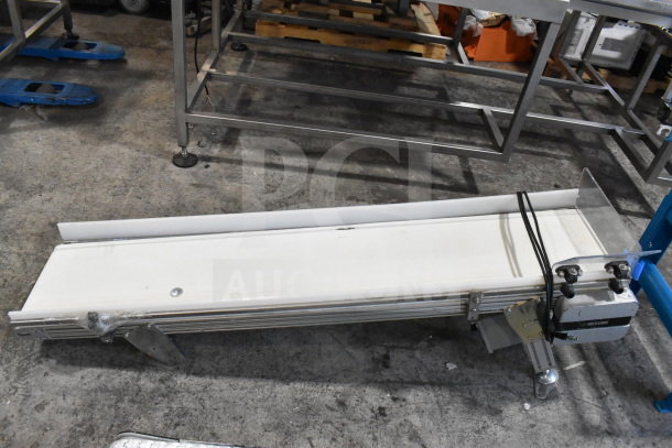 MiSumi CVGC-300 conveyor belt, white, 115V, 1 phase, sturdy metal frame, visible MiSumi branding, good condition.