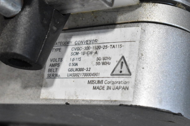 MiSumi CVGC-300 Conveyor Belt, 115V, 1 Phase. Model: CVGC-300. Made in Japan. Serial No: UA53821700004901.