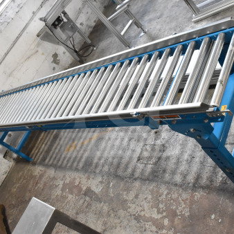 Hytrol Floor Style Roller Conveyor, blue frame, stainless steel rollers, industrial use, excellent condition.