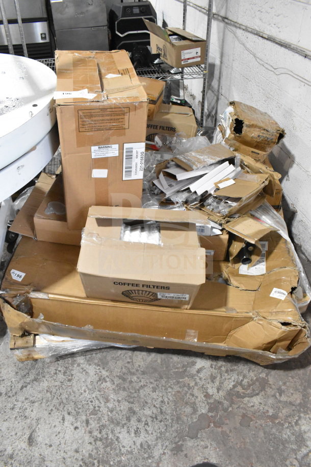 Boxes of Crathco hoppers, coffee filters, bin lids, and dinner knives. Mixed condition, labeled for auction. 30 times your bid.