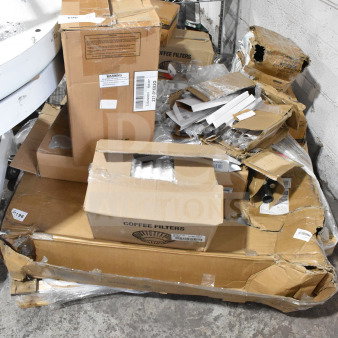 Boxes of Crathco hoppers, coffee filters, bin lids, and dinner knives. Mixed condition, labeled for auction. 30 times your bid.