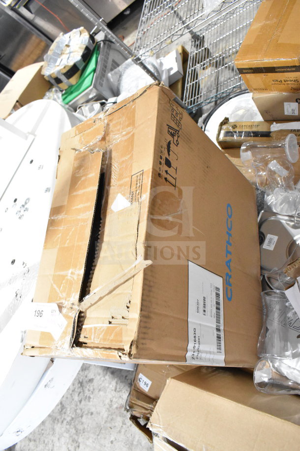 Crathco hoppers and accessories in a worn cardboard box; includes 30 items like coffee filters, bin lids, and knives.