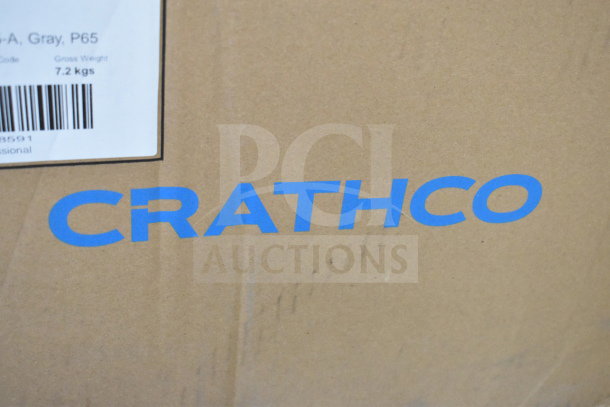 Cardboard box labeled "CRATHCO," containing 30 assorted items like hoppers, coffee filters, bin lids, and dinner knives.