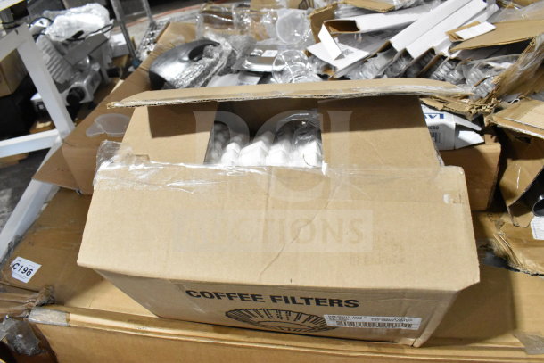 Cardboard box labeled "Coffee Filters" in a lot of 30 various items, including Crathco hoppers and Choice dinner knives.
