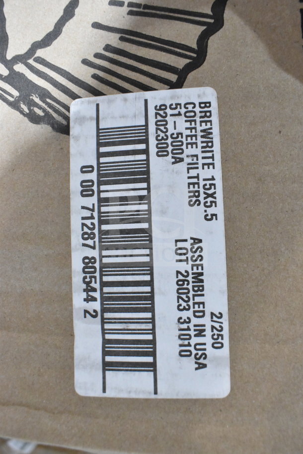 Label on coffee filter package, BrewRite 15x5.5, 51-500A, assembled in USA, Lot 26023 311010, barcode displayed.