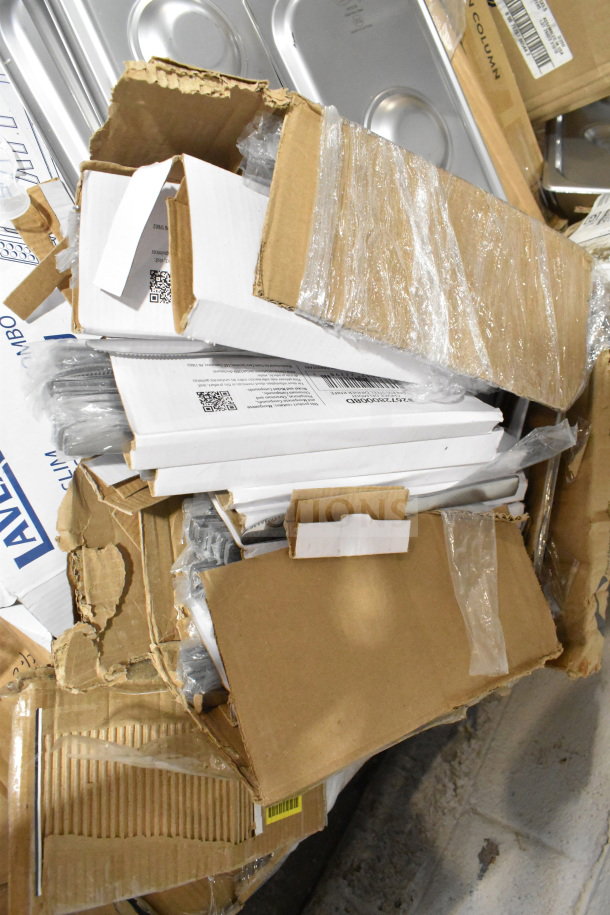 Assorted items including Crathco hoppers, coffee filters, bin lids, and Choice dinner knives, boxed and wrapped. 30x bid value.