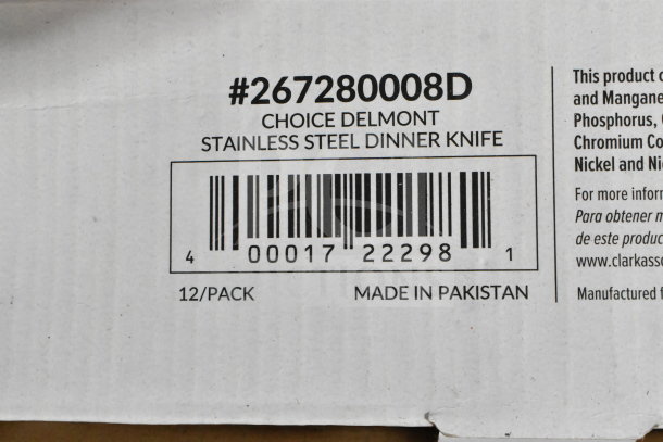 Box of 12 Choice Delmont stainless steel dinner knives, labeled "Made in Pakistan," product code #267280008D.