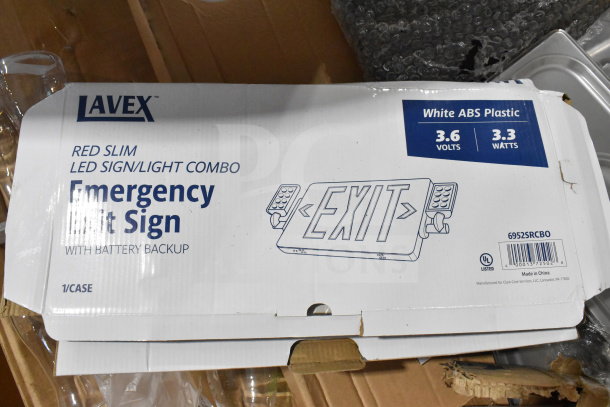 Box of Lavex Red Slim LED Sign/Light Combo, White ABS Plastic, 3.6 Volts, 3.3 Watts, Emergency Exit Sign with Battery Backup.