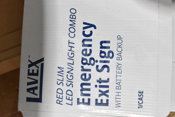 Lavex Red Slim LED Emergency Exit Sign, battery backup, shown in original packaging.