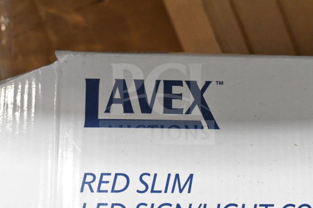Box with Lavex branding, labeled "Red Slim LED Sign Light." Packaging shows light wear. Part of a mixed lot auction.