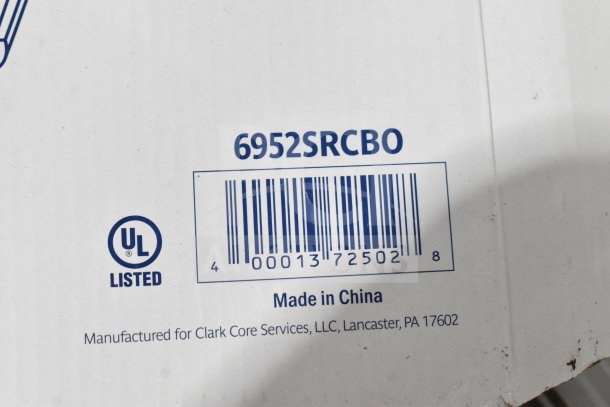 Barcode and details for Clark Core Services item, model 6952SRCBO, manufactured in China, UL listed.