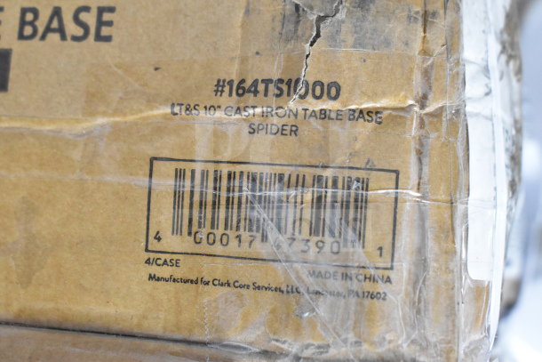 Box with barcode and label for #164TS1000 LT&S 10" Cast Iron Table Base Spider. Manufactured for Clark Core Services, Lancaster, PA.