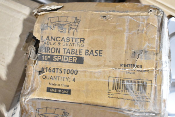 Cardboard box labeled "Lancaster Table & Seating Iron Table Base 10'' Spider," model #164TS1000, quantity 4, made in China.