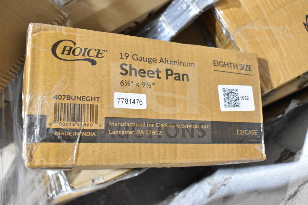 Cardboard box labeled "Choice 19 Gauge Aluminum Sheet Pan 6.5"x9.5", 12/Case, 407BUNEGHT, made in India, Lancaster, PA."