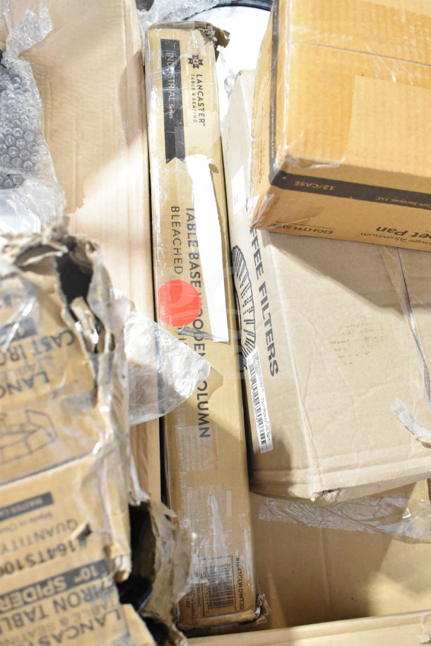 Boxes containing Crathco hoppers, coffee filters, Lancaster table base columns, and sheet pans. Various conditions.
