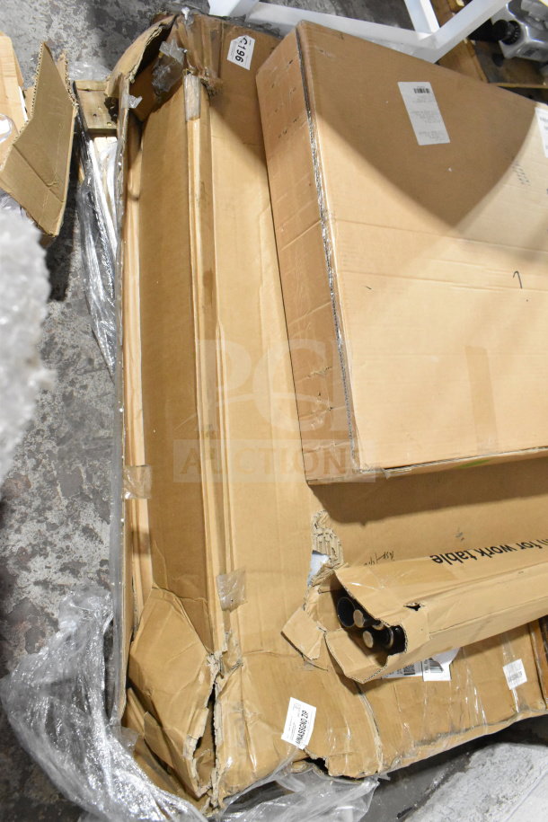Cardboard boxes containing various items, including Crathco hoppers and Choice 407BUNEGHT sheet pans. Damaged packaging.