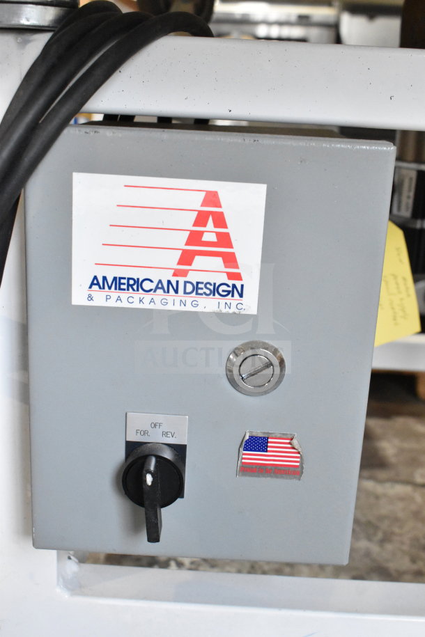 American Design ADP-48-PC rotary table, control panel with logo and American flag sticker, on commercial casters. 115V, 1 phase.