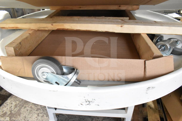2 American Design ADP-48-PC Rotary Tables on casters, 115V, 1 Phase; commercial-grade, includes pallet and packaging.