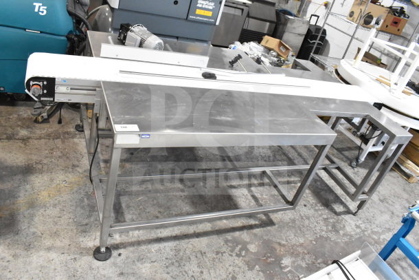 Dorner 32MTEM12 floor style conveyor with table, stainless steel, 115V, 1 phase, used condition, visible label tags.