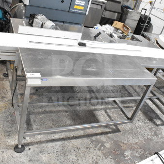Dorner 32MTEM12 floor style conveyor with table, stainless steel, 115V, 1 phase, used condition, visible label tags.