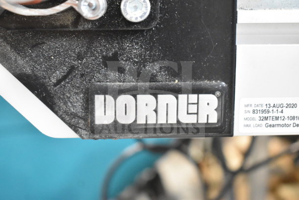 Dorner 32MTEM12 Floor Style Conveyor, 115V, 1 Phase. Label shows model, serial number, and manufacture date.