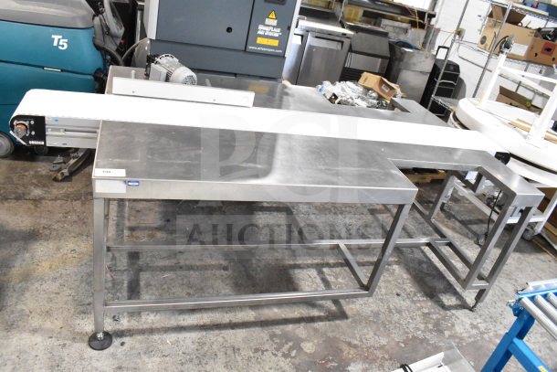 Dorner 32MTEM12 floor style conveyor with table, stainless steel, 115 volts, 1 phase, excellent condition, branded label visible.
