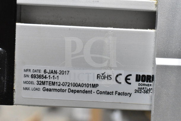 Dorner 32MTEM12 floor conveyor, 115V, 1 phase, Table, RoHS/CE markings, Mfg date: 6-Jan-2017, S/N: 693654-1-1-1.
