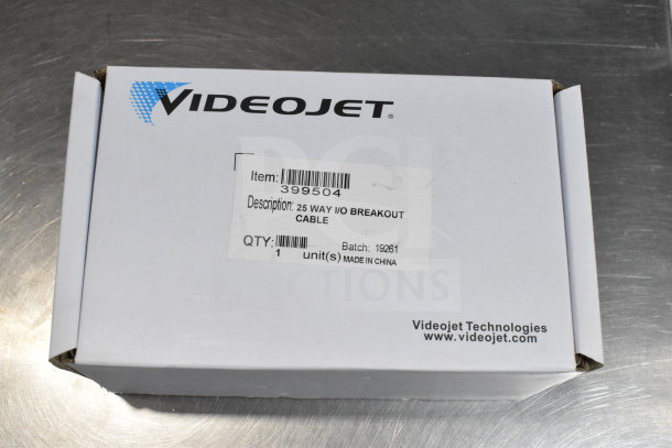 "Videojet 25 Way I/O Breakout Cable in box, item 399504, batch 19261, made in China."