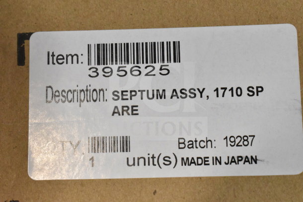 Label of VideoJet Septum Assy, 1710 SP ARE, Item 395625, Batch 19287, Made in Japan. Quantity: 1 Unit.