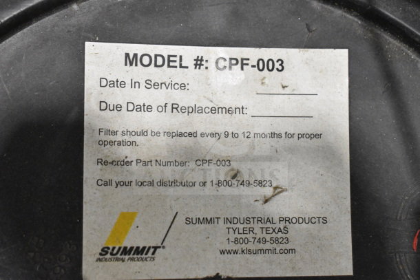 Bin of water buckets with attached water filter, model CPF-003, by Summit Industrial Products. Reorder every 9-12 months.