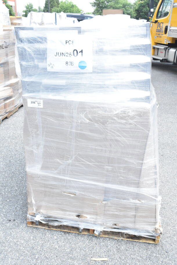 Pallet of 20 new Lancaster Table & Seating Banquet Chairs, black vinyl, silver vein frame, wrapped in plastic, marked "JUN26-01".