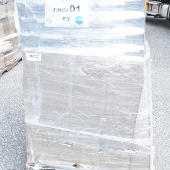 Pallet of 20 new Lancaster Table & Seating Banquet Chairs, black vinyl, silver vein frame, wrapped in plastic, marked "JUN26-01".
