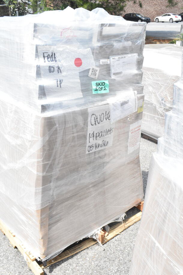 Pallet with wrapped boxes, labeled "SKID 5 OF 5" and "Quote 14 pallets 05/16/26," containing banquet chairs.
