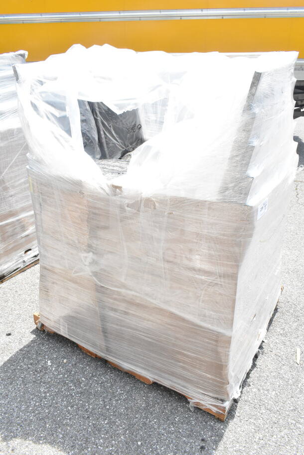 Bundle of 20 Lancaster Table & Seating Square Back Banquet Chairs in original packaging, black vinyl, silver vein frame.