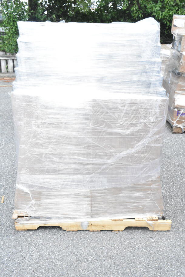 Pallet of 20 Lancaster banquet chairs wrapped in plastic; model 164BNQSQBLKV, new scratch and dent condition.