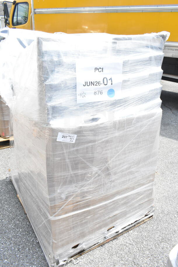 Plastic-wrapped pallet containing 20 new scratch and dent Lancaster banquet chairs, model 164BNQSQBLKV, black vinyl with silver vein frame. Tags read "JUN26-01" and "207 count."