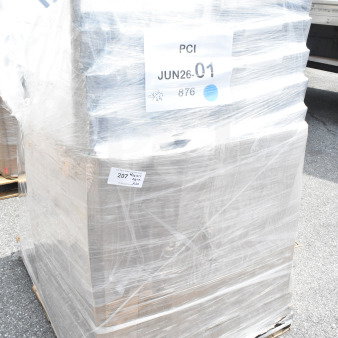 Plastic-wrapped pallet containing 20 new scratch and dent Lancaster banquet chairs, model 164BNQSQBLKV, black vinyl with silver vein frame. Tags read "JUN26-01" and "207 count."