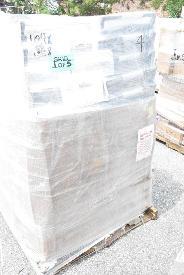 Pallet of 20 new Lancaster Table & Seating banquet chairs, black vinyl, silver vein frame, scratch and dent, wrapped for shipping.
