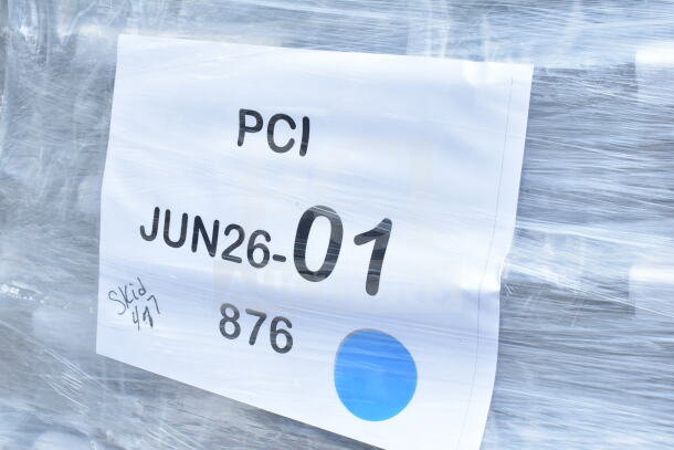 Package labeled "JUN26-01" contains 20 new Lancaster chairs, model 164BNQSQBLKV, in original wrap. Black vinyl, silver frame.