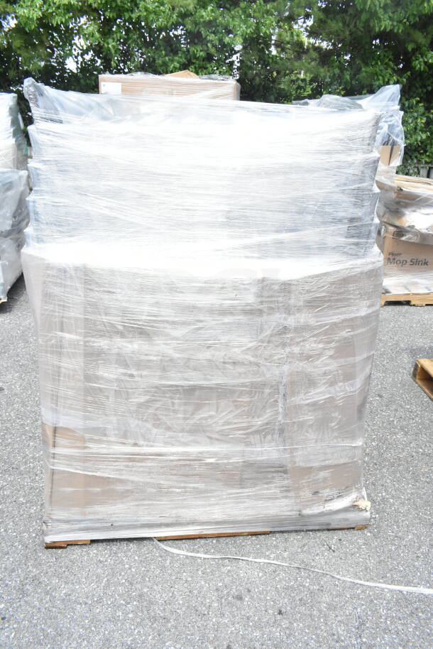 Pallet of 20 Lancaster Table & Seating banquet chairs, model 164BNQSQBLKV, wrapped for auction, showing packaging and condition.
