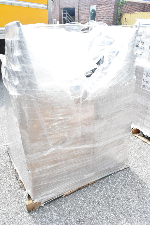 Pallet with 20 new Lancaster Table & Seating banquet chairs, black vinyl, silver frame, wrapped in plastic. Unused condition.