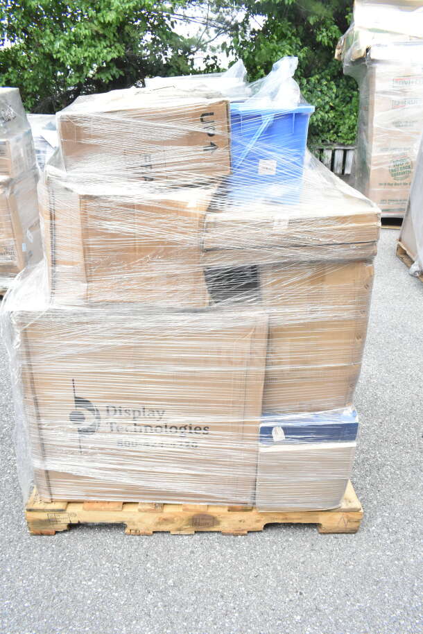 Shrink-wrapped pallet with 16 brand new, scratch and dent items including food storage, pans, trash can, seats, varying boxes visible.
