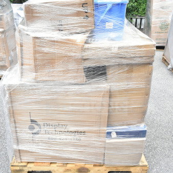 Shrink-wrapped pallet with 16 brand new, scratch and dent items including food storage, pans, trash can, seats, varying boxes visible.