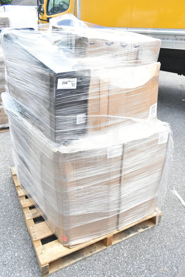 Pallet of 16 new scratch and dent items including food storage containers, pans, trash can, seats; plastic wrapped.