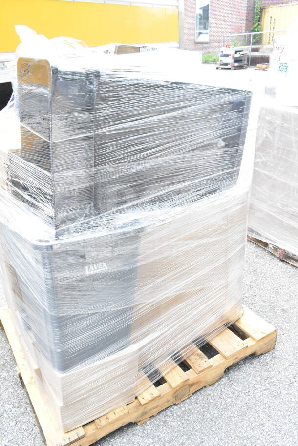 Pallet wrapped with 16 Lavex items, including food storage containers and trash cans, brand new with some dents.