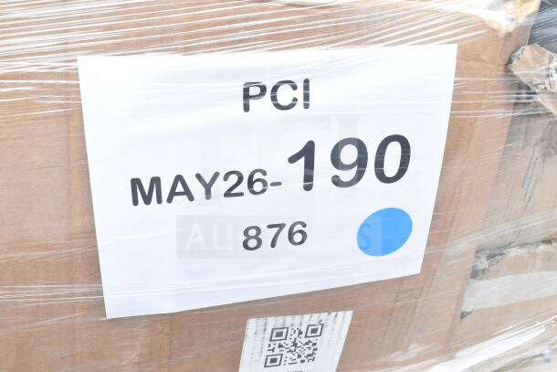 Pallet with scratch and dent items, including takeout containers and cups, wrapped in plastic. Label reads "MAY26-190".